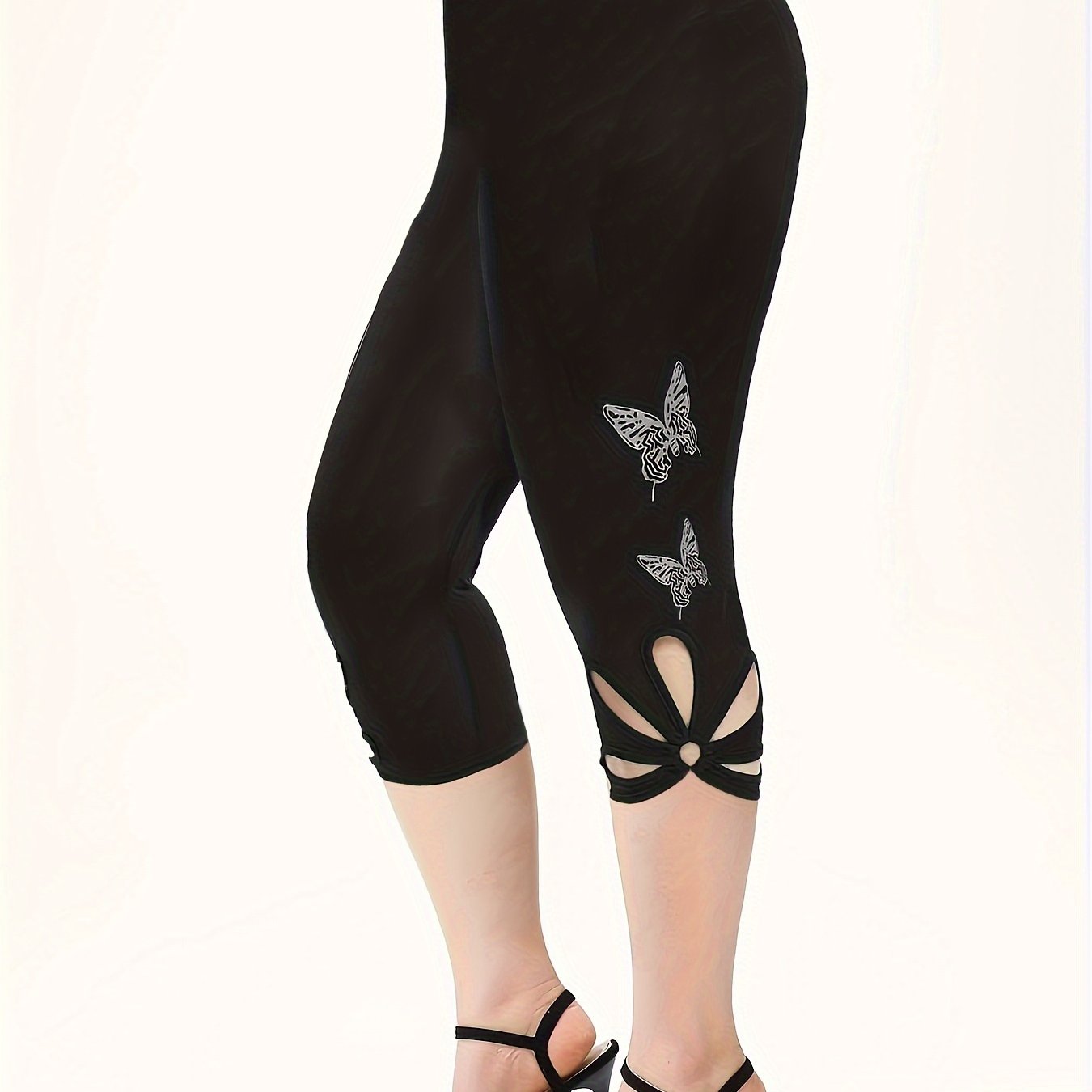Trendy Butterfly Print Cut Out Capris Leggings - Ultra-Skinny & Fashionable - Perfect for Spring & Summer Casual Wear - Womens Closet Must-Have