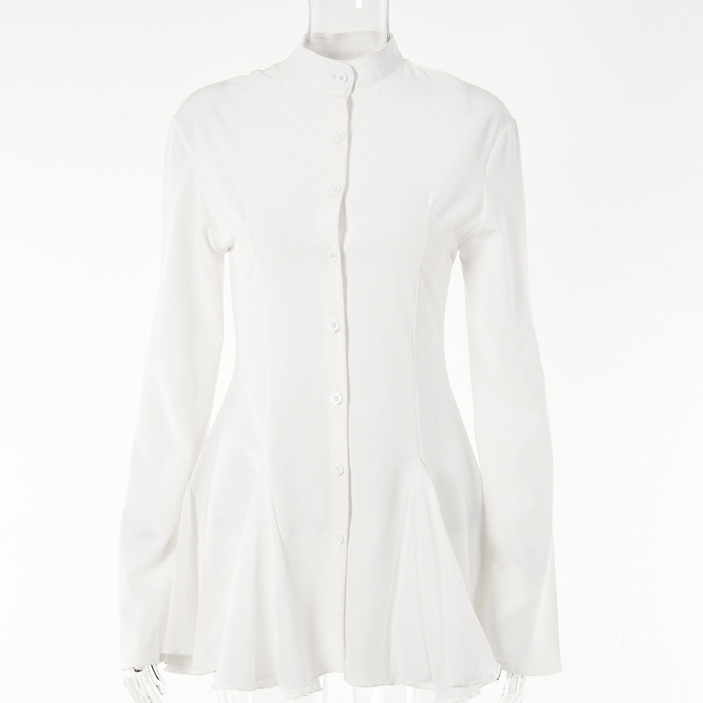 Ruffled Cardigan Crew Neck Long Sleeve Single Breasted Dress