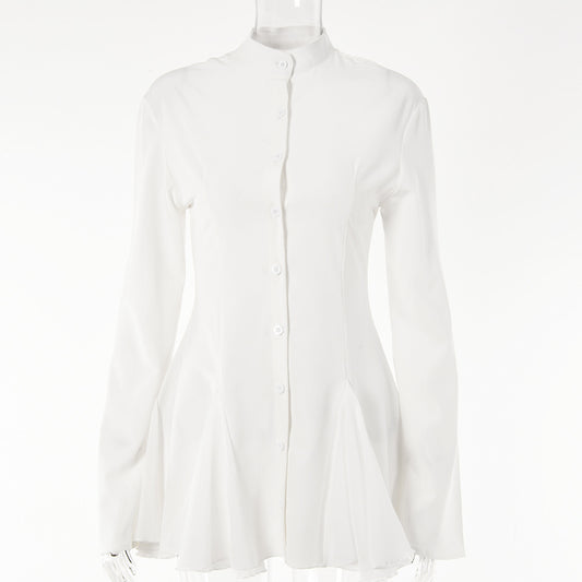 Ruffled Cardigan Crew Neck Long Sleeve Single Breasted Dress