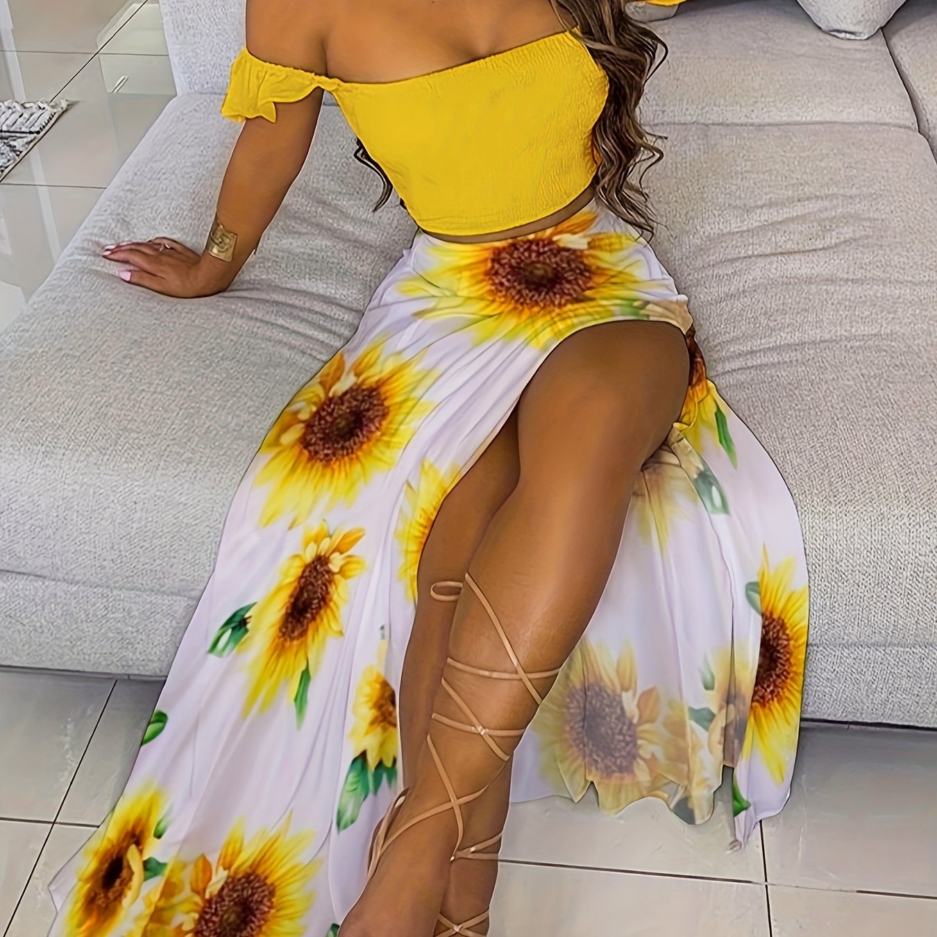 Chic Womens Two-Piece Outfit Set - Off-Shoulder Ruched Top & Sunflower-Print Split Skirt - Perfect for Spring/Summer Vacations