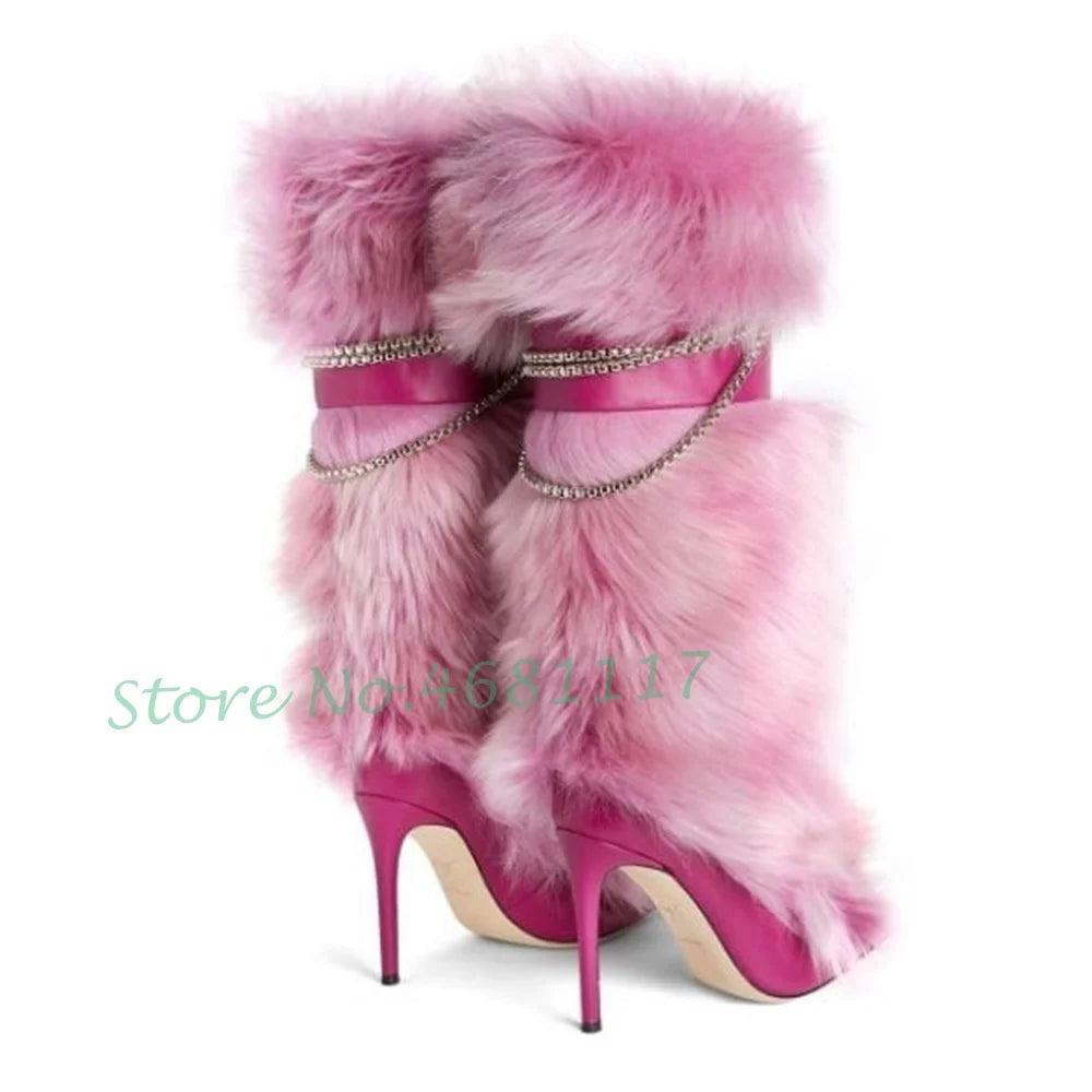 Pink Fur Pointy Knee High Boots Women Trends Luxury Fluff Metal Chain Winding High Heels Boots Winter Female Fashion Snow Boots