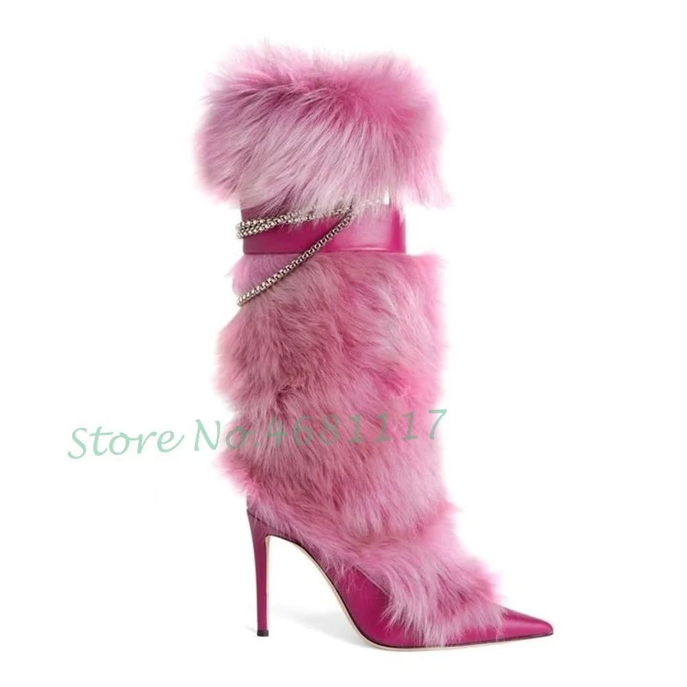 Pink Fur Pointy Knee High Boots Women Trends Luxury Fluff Metal Chain Winding High Heels Boots Winter Female Fashion Snow Boots