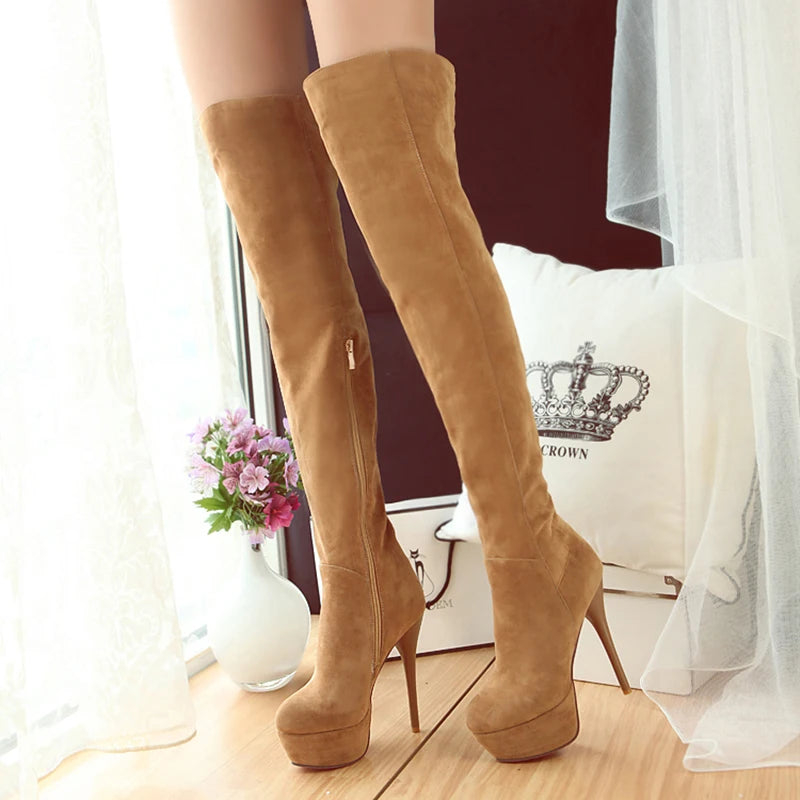 Winter Warm Plush Ultra-High Stiletto Long-Tube Women's Boots High Waterproof Platform Side Zipper Over-The-Knee Boots 2024