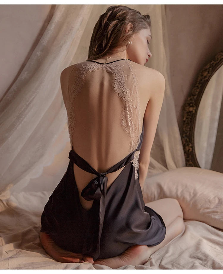 New Ice Silk Hollow Out Nightgown Women Sexy Temptation Lace Night Dress Female Beauty Back Bandage Sleepwear Suspender Homewear