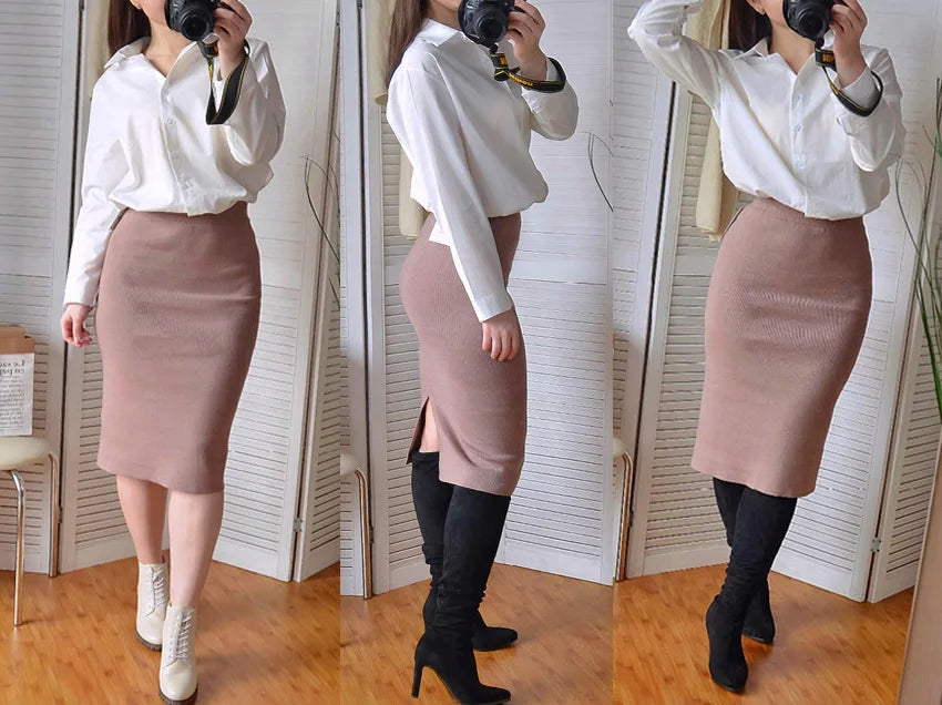 KarSaNy Autumn Winter Knit Pencil Skirt Women High Waist Skirts Womens Knited Split Midi Skirt For Women Autumn 6XL