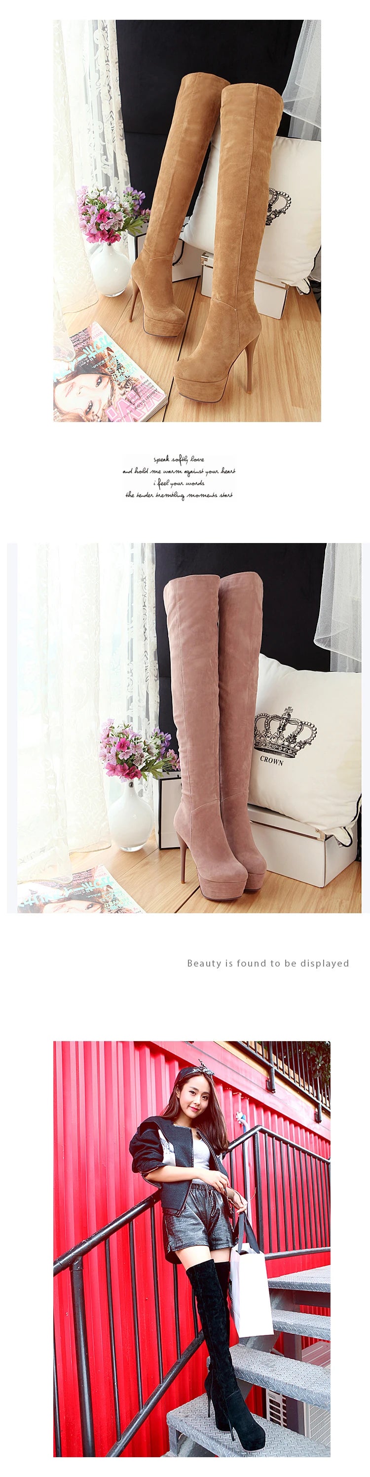 Winter Warm Plush Ultra-High Stiletto Long-Tube Women's Boots High Waterproof Platform Side Zipper Over-The-Knee Boots 2024