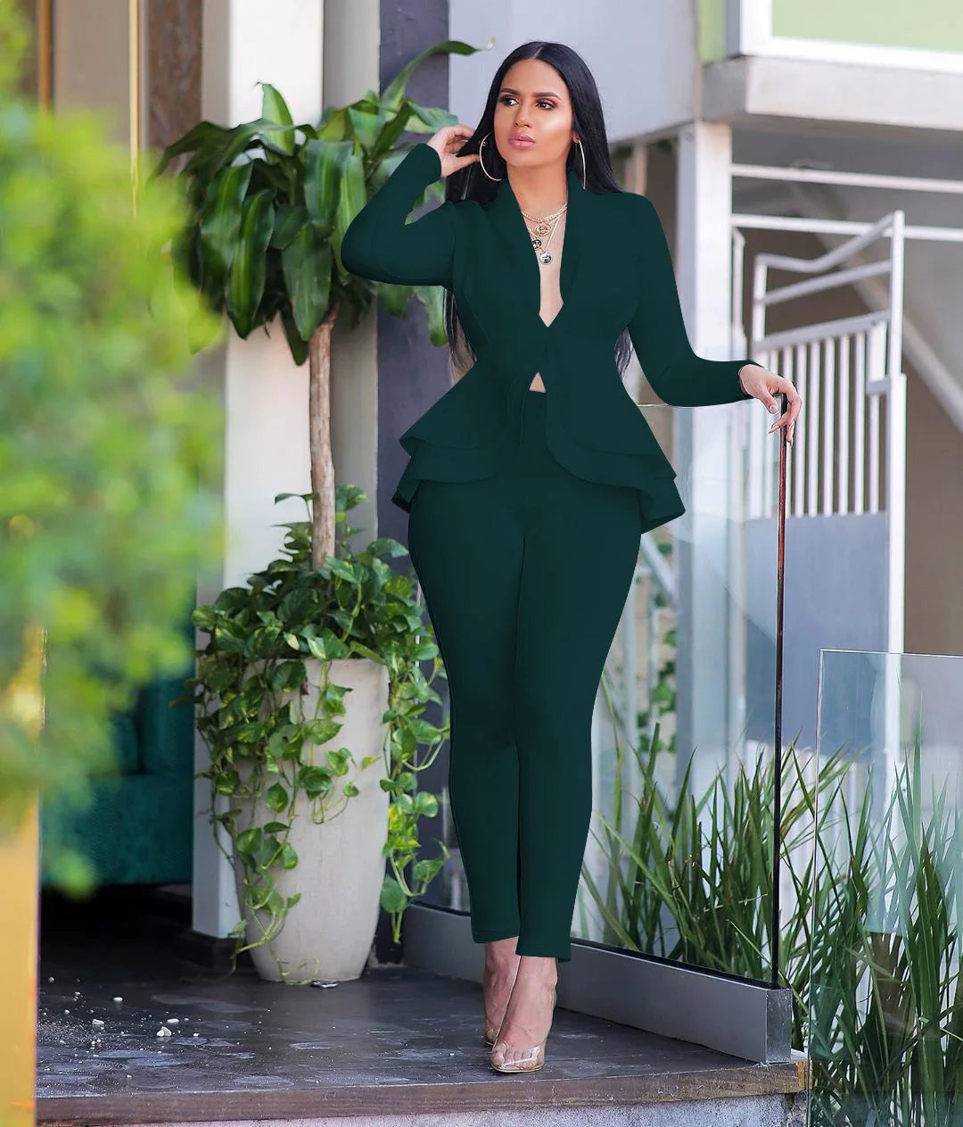 2025 Women's Formal Set 2PCS Tracksuit Full Sleeve Ruffles Blazers Pencil Pants Suit Two Piece Set Office Lady Outfits Uniform