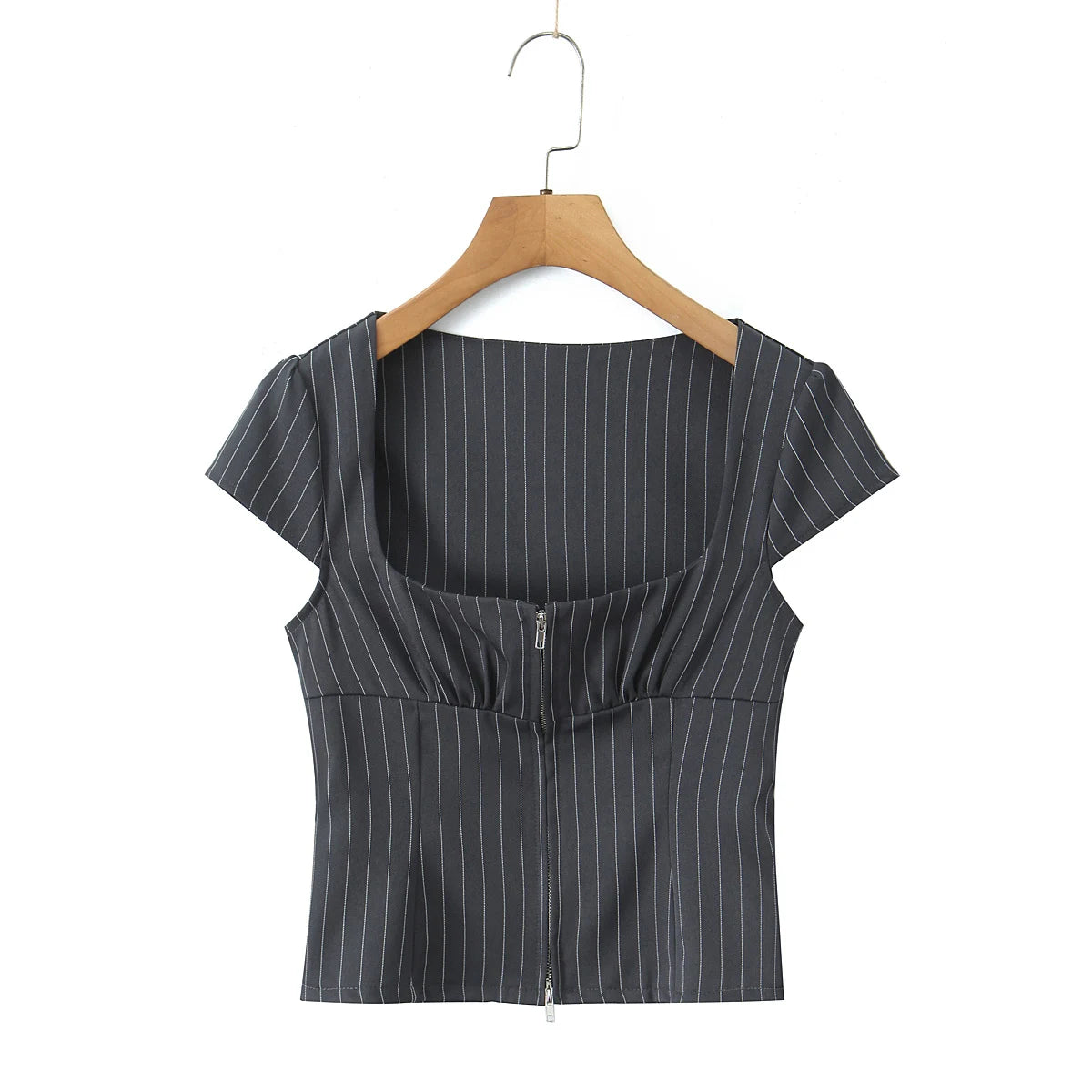 2025 Sexy Striped Square Collar Short Puff Sleeve Shirt Women Front Ruched Chest Double Zip up Front Slim Waist Crop Tops