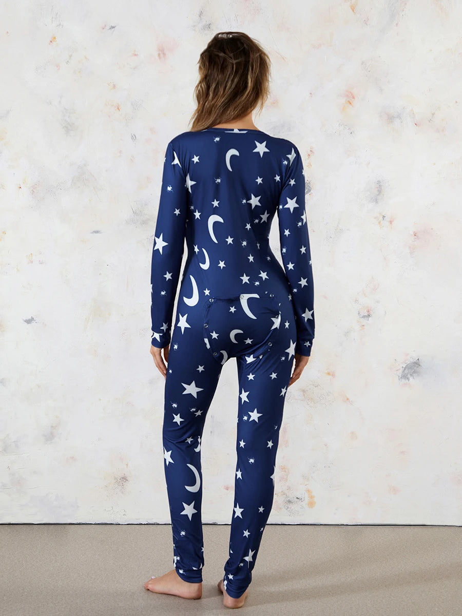 Women's 1Piece Lounge Pajamas Star Print Sexy Butt Button Back Flap Jumpsuit Sleepwear Romper Oversized Homewear