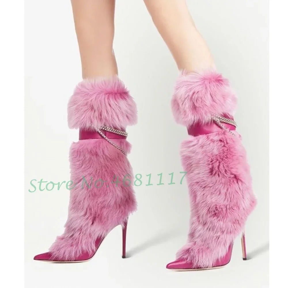 Pink Fur Pointy Knee High Boots Women Trends Luxury Fluff Metal Chain Winding High Heels Boots Winter Female Fashion Snow Boots