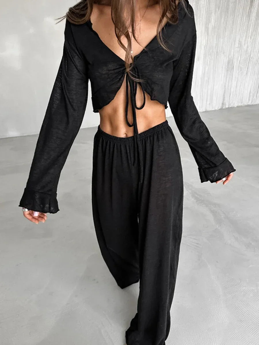 Mozuleva Women's Summer Loose Casual Long Sleeved Pants Set Soft Comfortable Fashion Home Clothes Solid Color Basic Pajamas Set