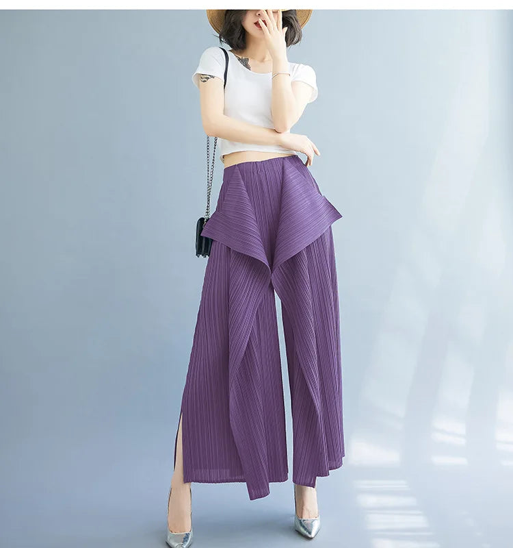 Miyake 2025 New Pleated Pants Irregular Wide-legged Pants Simple Loose Large Size with Elastic Formal Occasions Commuter Women's
