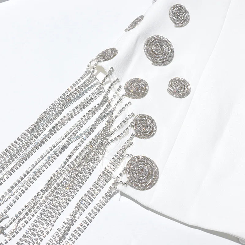 ZMEENNA White Blazer Notched Collar Single Button Patchwork Metal Tassel Jackets For Women 2025 Spring Fashion New Coats ZM628