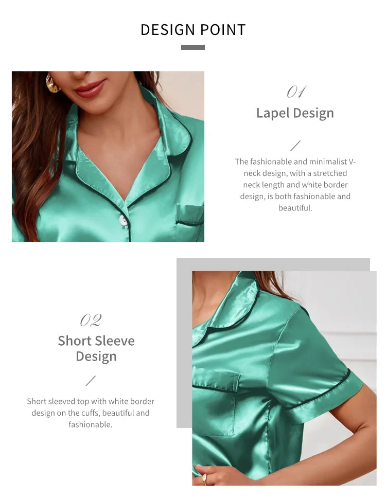 Women's Lapel Neck Sleepshirt Sleepwear Summer Satin Pajamas Set Casual Short Sleeve Buttons Top And Elastic Shorts Lounge Set