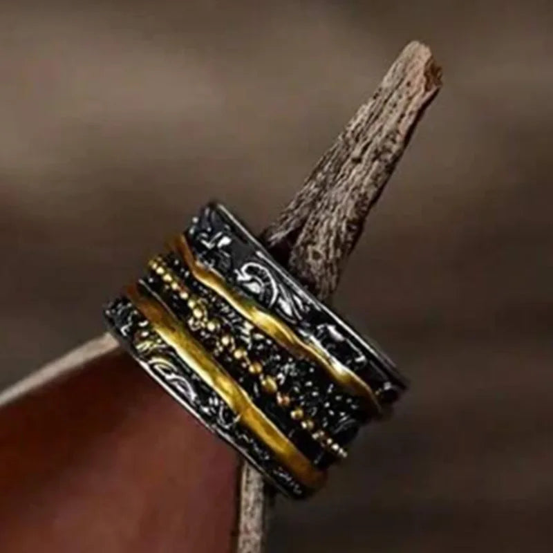 Bohemian geometric three-layer ring wide-sided ring retro timeless pattern ring couple jewelry