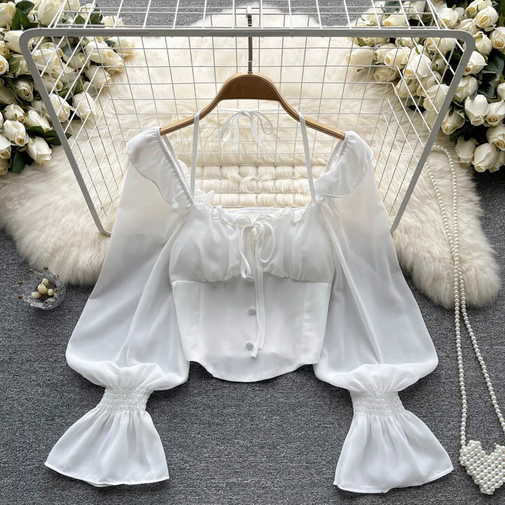 French Chic Halter Blouses Femininas Bow Flare Sleeve Short Tops Dames HighStreet Blusa Mujer Casual Shirts Clothes Dropshipping