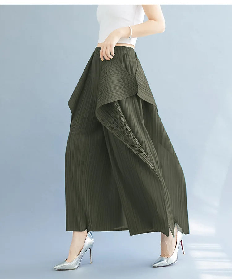 Miyake 2025 New Pleated Pants Irregular Wide-legged Pants Simple Loose Large Size with Elastic Formal Occasions Commuter Women's