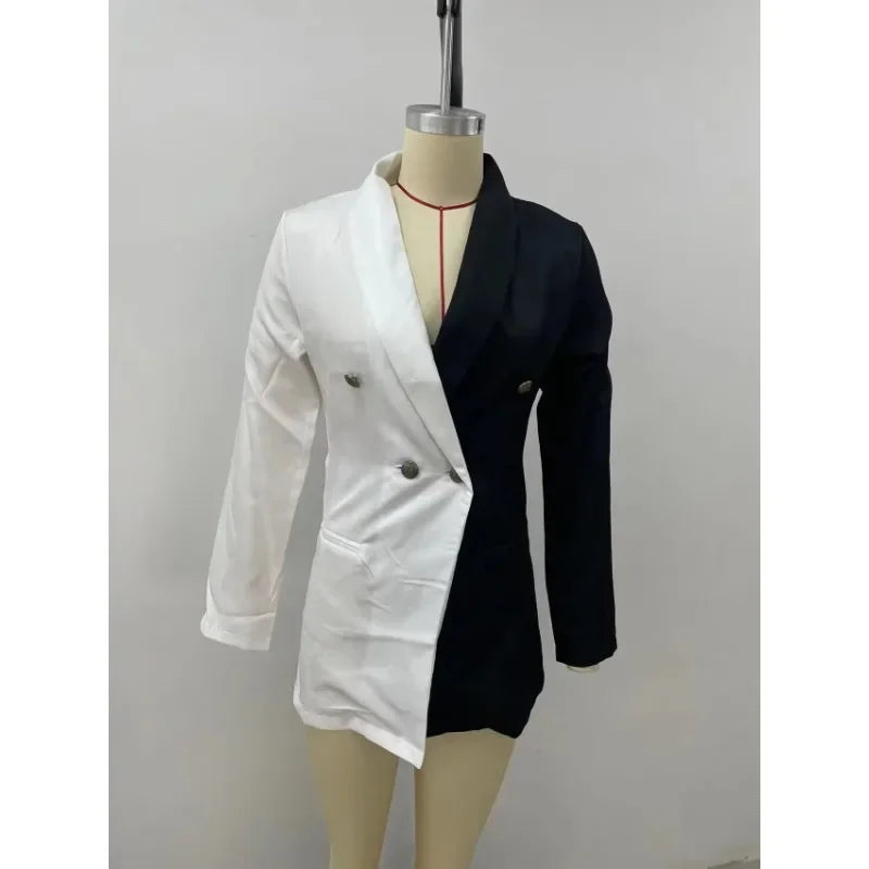 Women Blazer Elegant Office Lady Suit Thin Spring V-neck Female Long Sleeve New Patchwork Slim OL Double Breasted Dress Coat