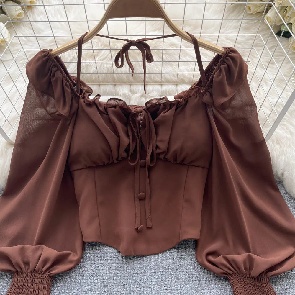 French Chic Halter Blouses Femininas Bow Flare Sleeve Short Tops Dames HighStreet Blusa Mujer Casual Shirts Clothes Dropshipping