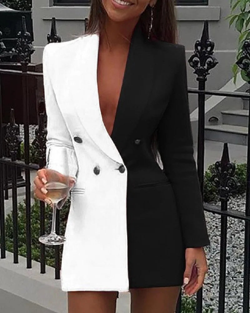 Women Blazer Elegant Office Lady Suit Thin Spring V-neck Female Long Sleeve New Patchwork Slim OL Double Breasted Dress Coat