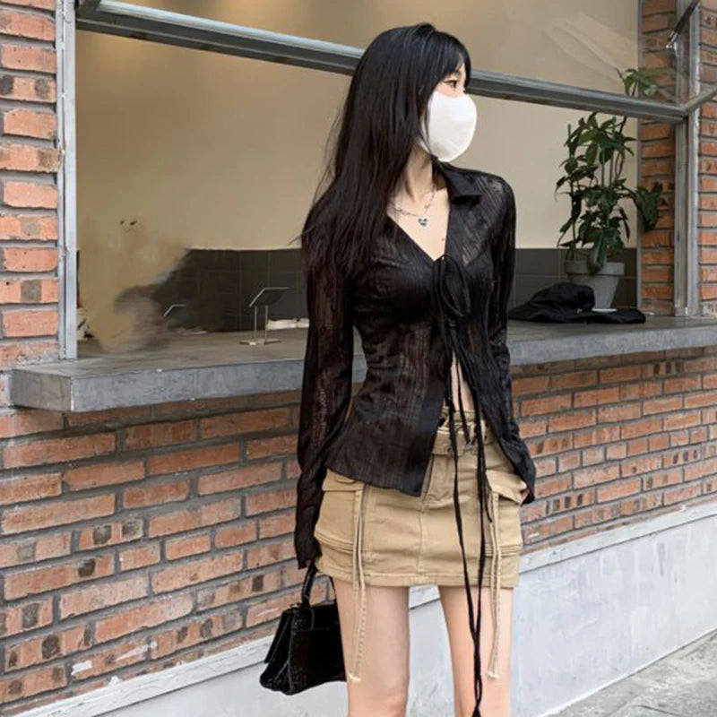 Gidyq Women Streetwear Shirts Fashion Lace Up Long Sleeve Blouse Korean Y2K Casual Female Loose Sun Protection Shirts Spring New