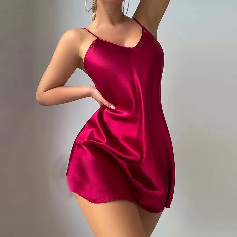 1 Piece Sexy V-Neck Women Satin Camisole Night Dress Female Pajamas Silky Lingerie Sleeveless Backless Nightgown Thin For Summer