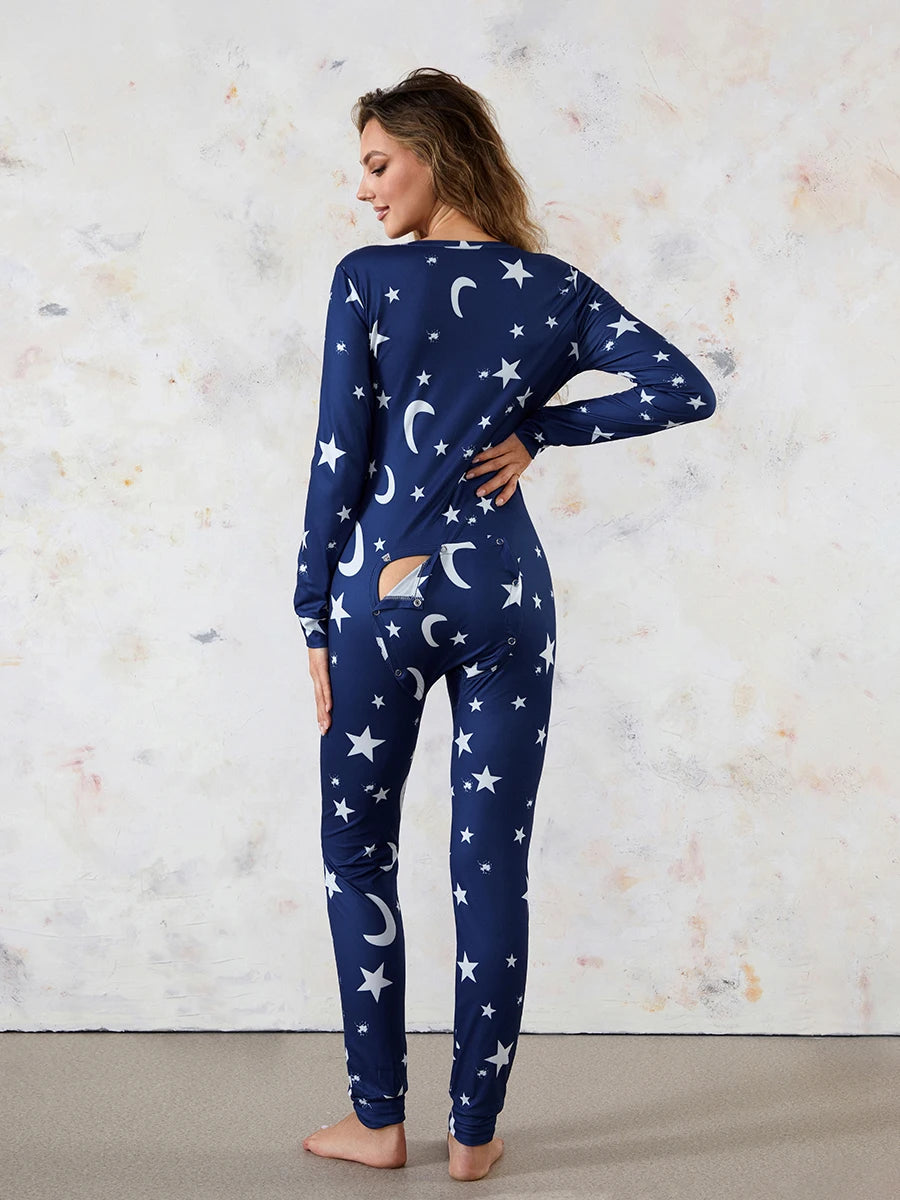 Women's 1Piece Lounge Pajamas Star Print Sexy Butt Button Back Flap Jumpsuit Sleepwear Romper Oversized Homewear