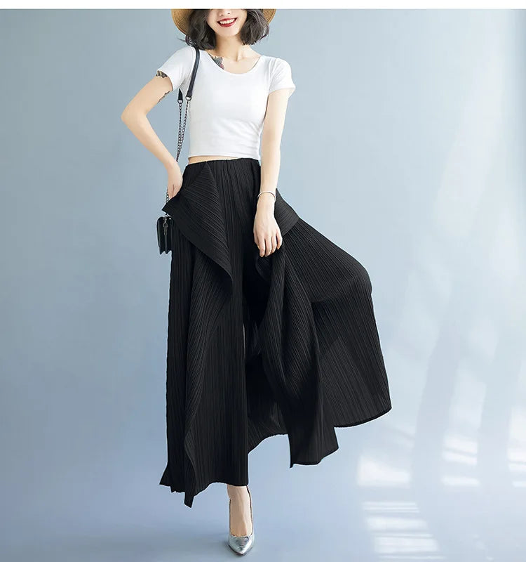 Miyake 2025 New Pleated Pants Irregular Wide-legged Pants Simple Loose Large Size with Elastic Formal Occasions Commuter Women's