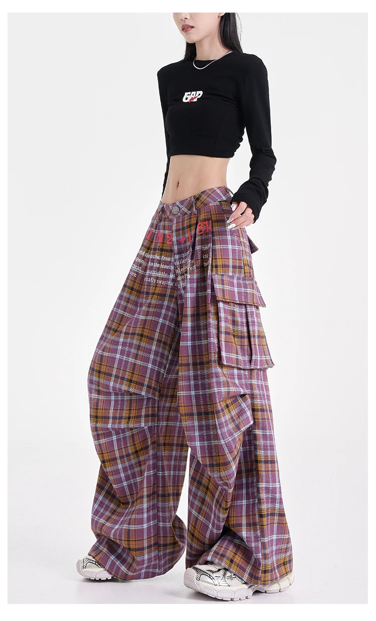 Summer Women Harajuku Fashion Plaid Pants Vintage Y2k Japanese Streetwear 2000s Baggy Pantalones Loose Casual Long Trousers Kpop