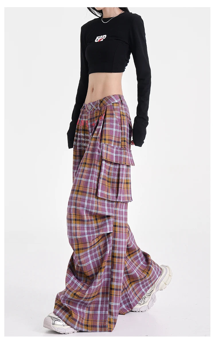 Summer Women Harajuku Fashion Plaid Pants Vintage Y2k Japanese Streetwear 2000s Baggy Pantalones Loose Casual Long Trousers Kpop