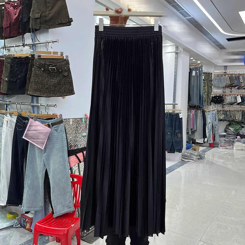 98cm Basics Maxi Pleated Skirt for Women New Korean Casual All-match Solid A Line High Waist Long Maxi Skirt Female