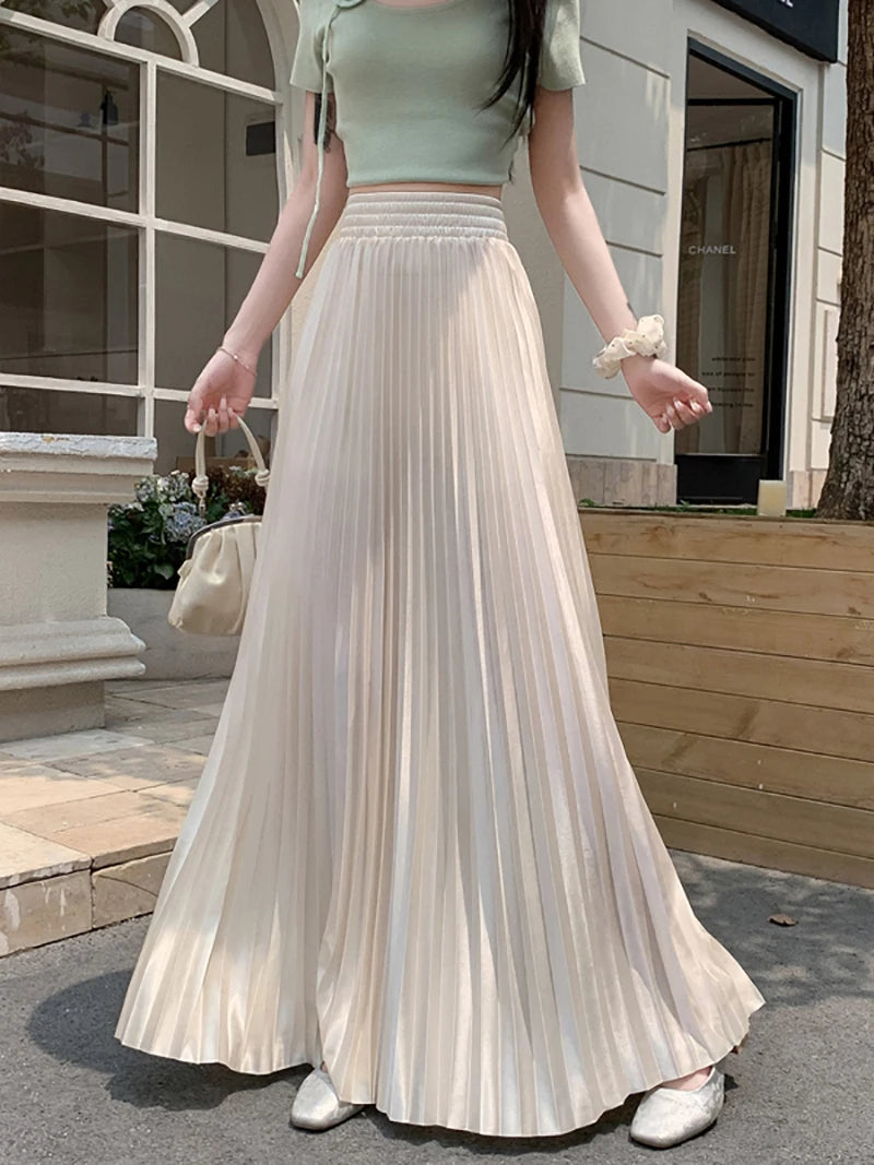 98cm Basics Maxi Pleated Skirt for Women New Korean Casual All-match Solid A Line High Waist Long Maxi Skirt Female