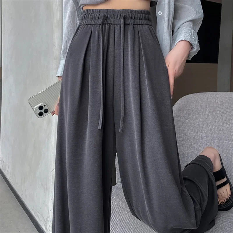 2024 New Summer Women's Casual Pants High Waist Solid Minimalism Loose Floor Length Wide Leg Trousers Female