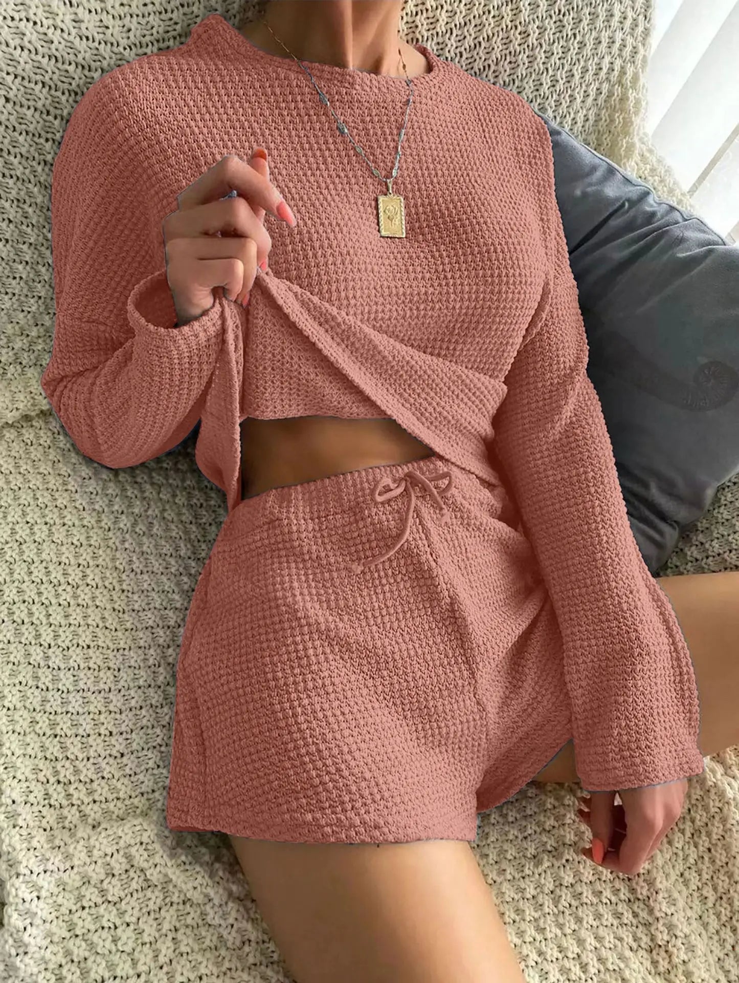 Women's 2 Pieces Pajamas Sets Cotton Blend Pyjamas Female Pijamas Woman Homewear Soft Sleepwear Long Sleeve Cami Top Shorts Suit
