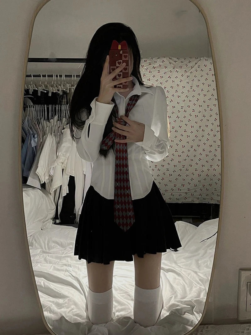 Y2K White Shirts Women Streetwear Tunic Long Sleeve Crop Tops Students Jk Preppy Korean Fashion Basic Slim All Match Blouses New