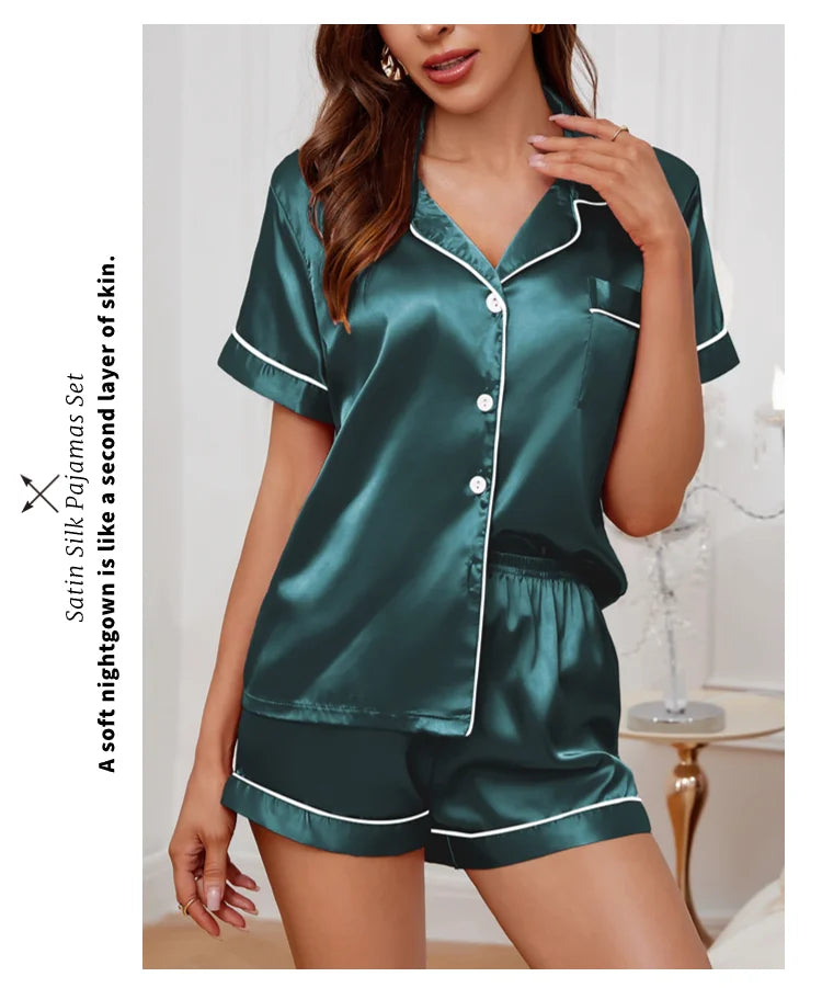Women's Lapel Neck Sleepshirt Sleepwear Summer Satin Pajamas Set Casual Short Sleeve Buttons Top And Elastic Shorts Lounge Set