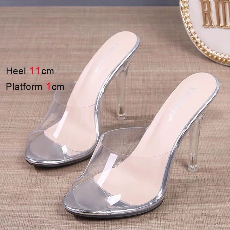 11CM Modern Slippers For Women 2024 Summer New Transparent Sandals Sexy Thin High Heels CRYSTAL Woman Shoes Outside Size 43 Gold