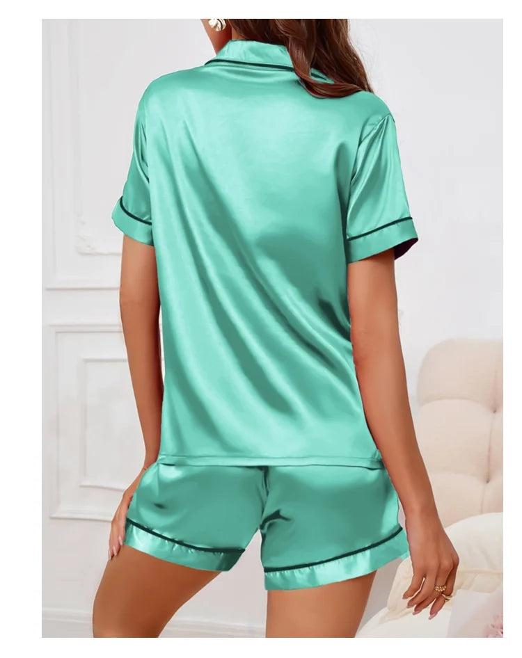Women's Lapel Neck Sleepshirt Sleepwear Summer Satin Pajamas Set Casual Short Sleeve Buttons Top And Elastic Shorts Lounge Set
