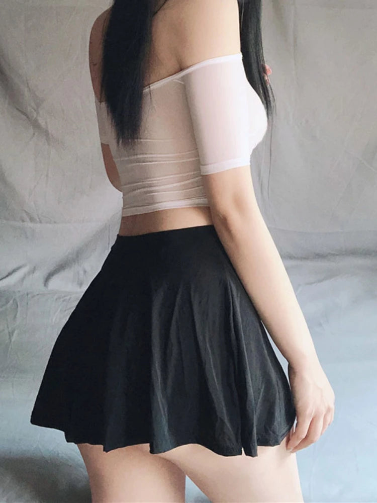Micro Mini Skirt Club Sexy Wear Sheer See Through Skirts Sexy Women Ice Silk A-Line Pleated Skirt Low Rise Waist Ruffled Skirt