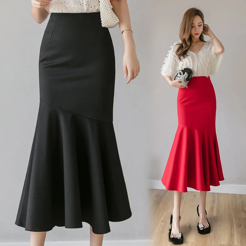 Seoulish Ruffles Solid Color Women's Skirts 2024 New Spring Summer Elegant High Waist Office Ladies Style Pencil Midi Skirts