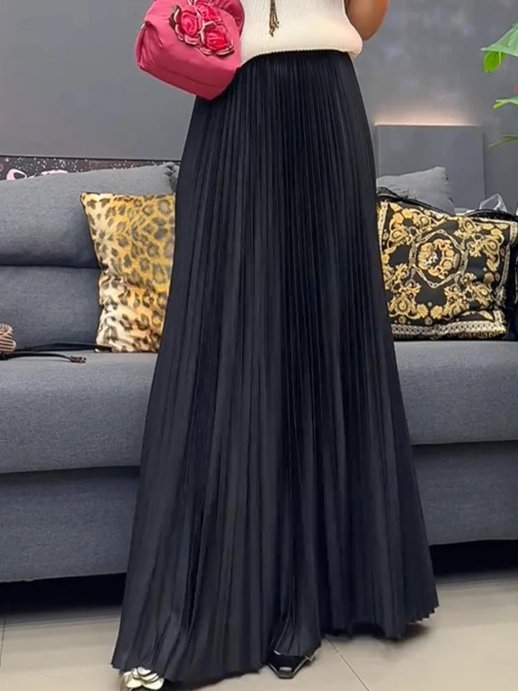 98cm Basics Maxi Pleated Skirt for Women New Korean Casual All-match Solid A Line High Waist Long Maxi Skirt Female