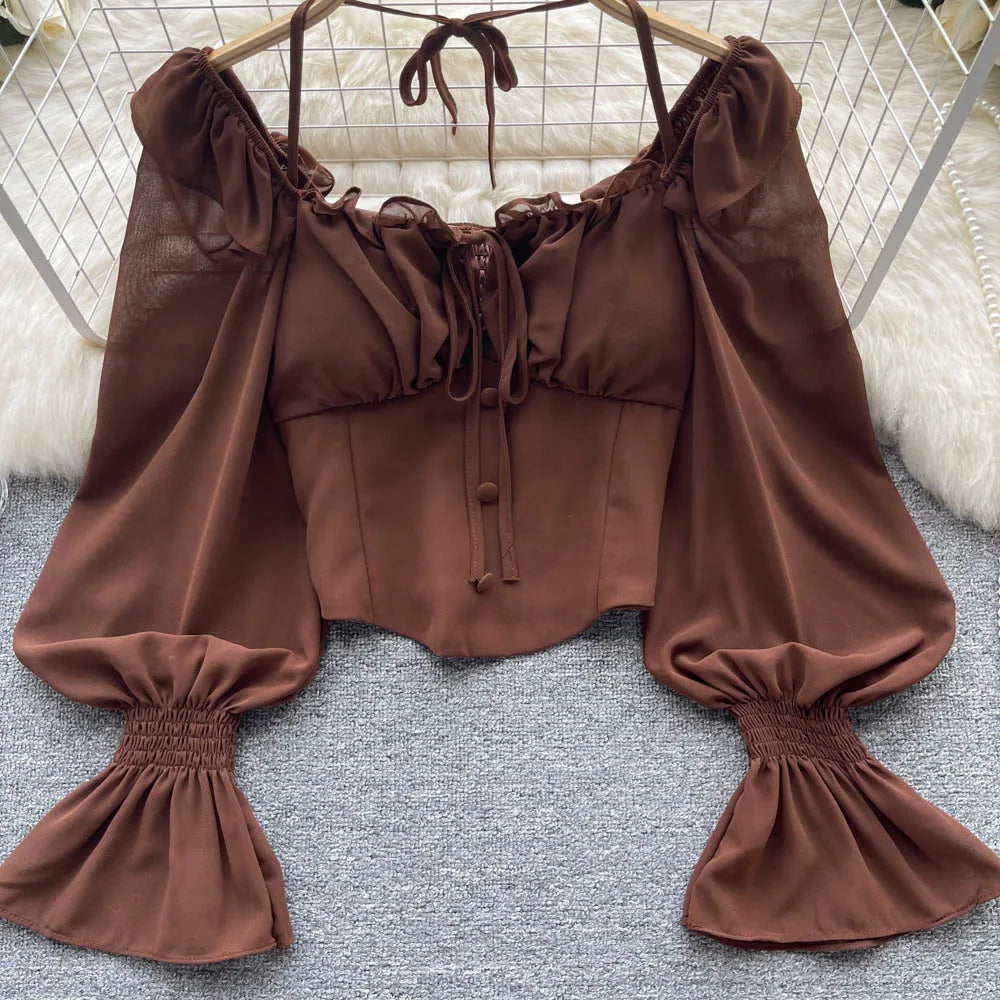 French Chic Halter Blouses Femininas Bow Flare Sleeve Short Tops Dames HighStreet Blusa Mujer Casual Shirts Clothes Dropshipping