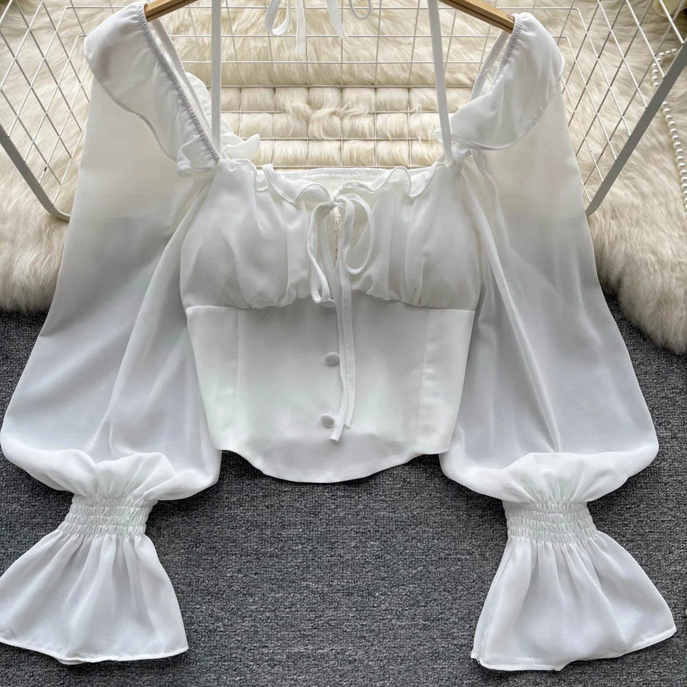 French Chic Halter Blouses Femininas Bow Flare Sleeve Short Tops Dames HighStreet Blusa Mujer Casual Shirts Clothes Dropshipping