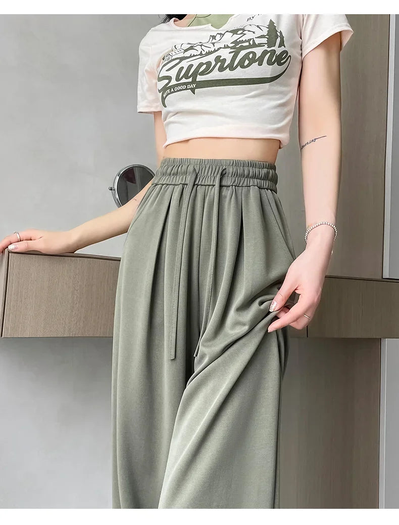 2024 New Summer Women's Casual Pants High Waist Solid Minimalism Loose Floor Length Wide Leg Trousers Female