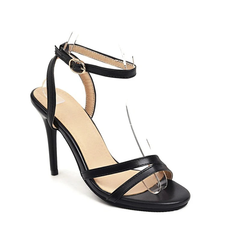 REAVE CAT 2021 Elegant Sandals Ankle Buckle Strap Narrow Open Toe 9.5cm Stiletto Heel Shoes US19 Black White A4245