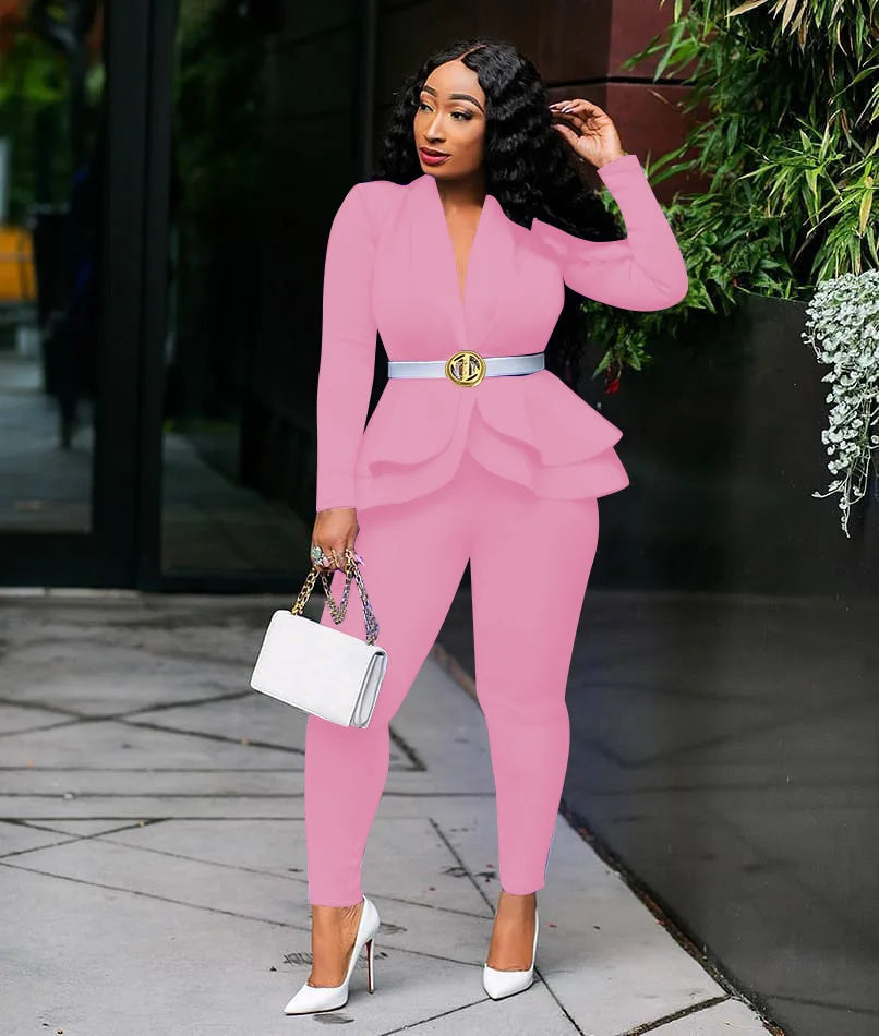 2025 Women's Formal Set 2PCS Tracksuit Full Sleeve Ruffles Blazers Pencil Pants Suit Two Piece Set Office Lady Outfits Uniform