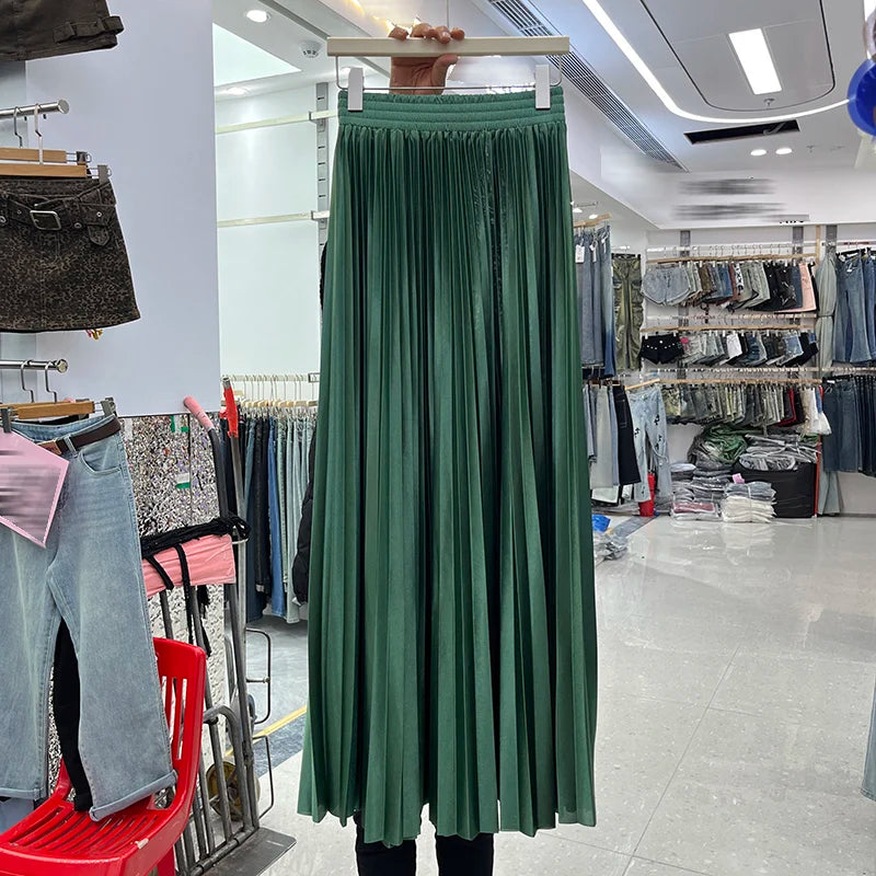 98cm Basics Maxi Pleated Skirt for Women New Korean Casual All-match Solid A Line High Waist Long Maxi Skirt Female