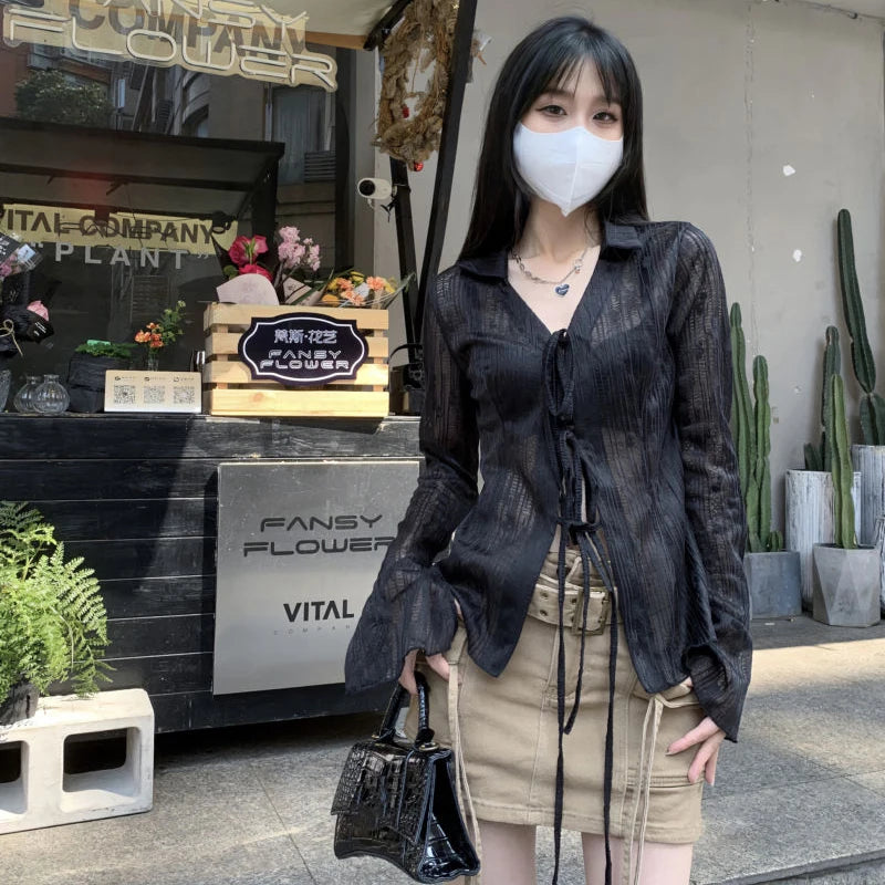 Gidyq Women Streetwear Shirts Fashion Lace Up Long Sleeve Blouse Korean Y2K Casual Female Loose Sun Protection Shirts Spring New
