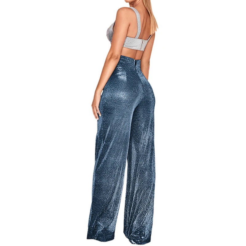 Metallic Sparkly Wide Leg Pants Women Elastic High Waist Glitter Sequin Palazzo Pants Casual Loose Party Clubwear Long Trousers