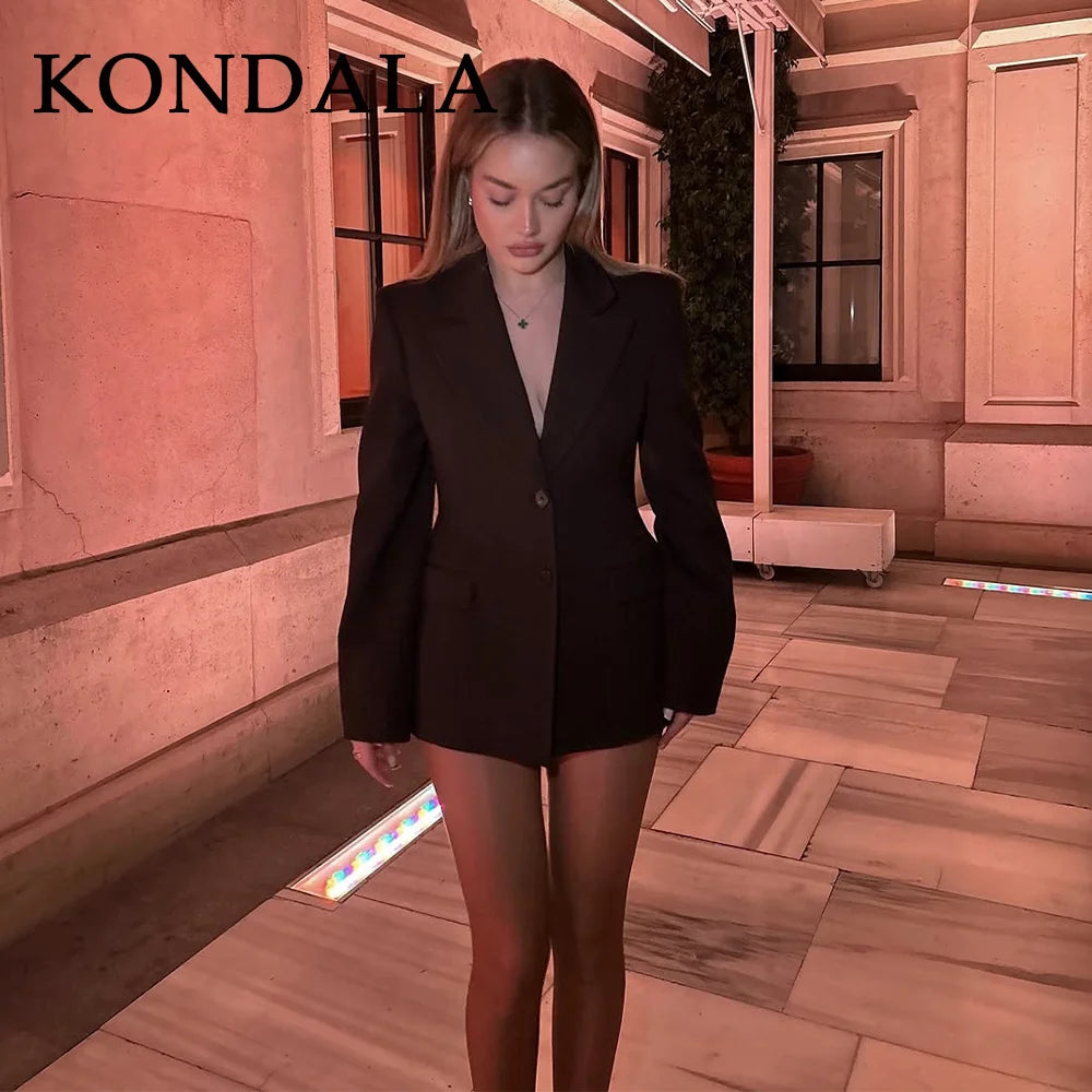 KONDALA 2025 Fall Winter Brown Elegant Office Lady Suits Fashion Shrug Pockets Blazers Elegant Zipper Skirts Chic Baggy Pants